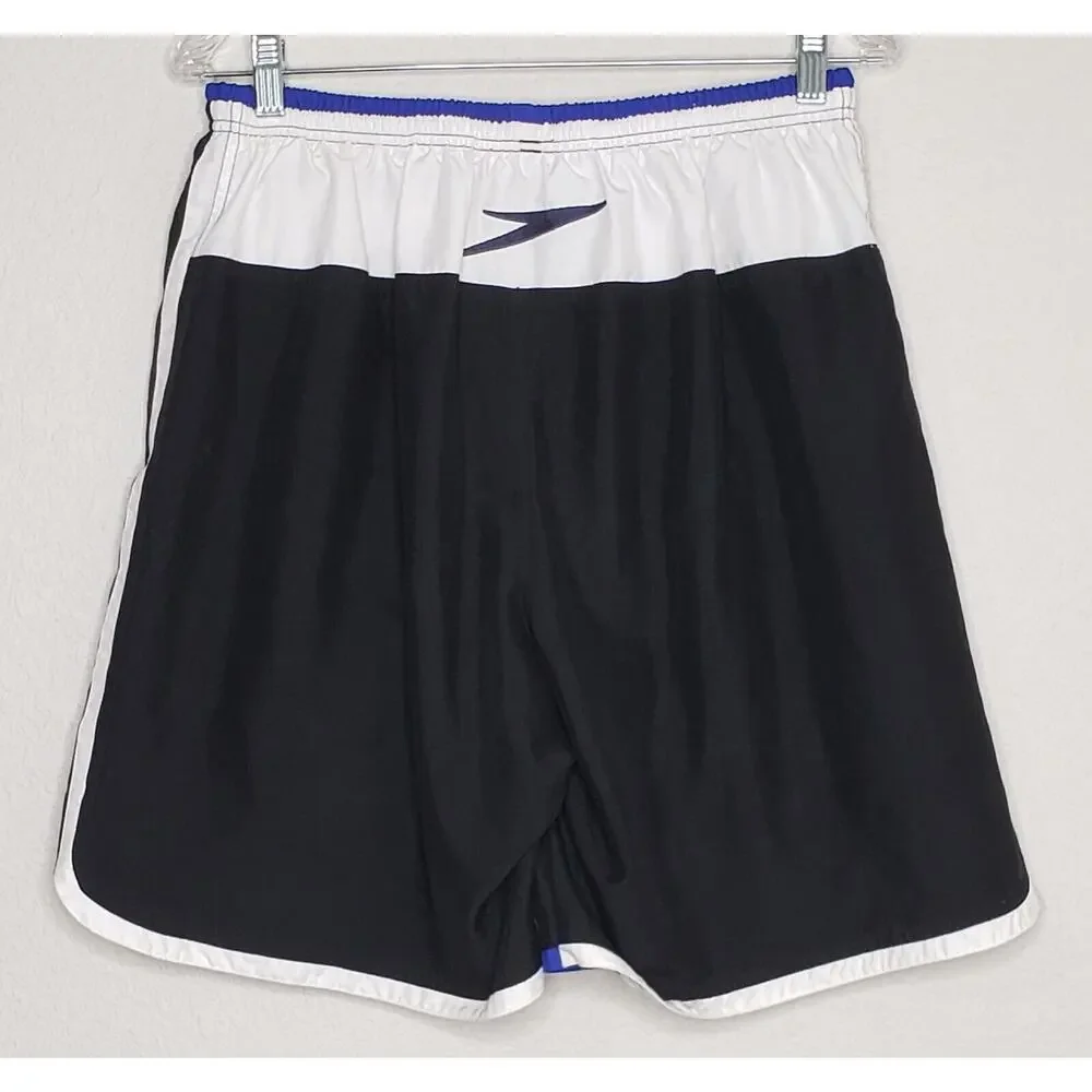 Speedo Mens Swim Trunks Large Black White Blue Built‎ In Brief 9” Inseam Pockets
